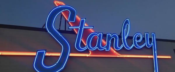 Stanley Marketplace Sign in Denver, Illuminated at Night