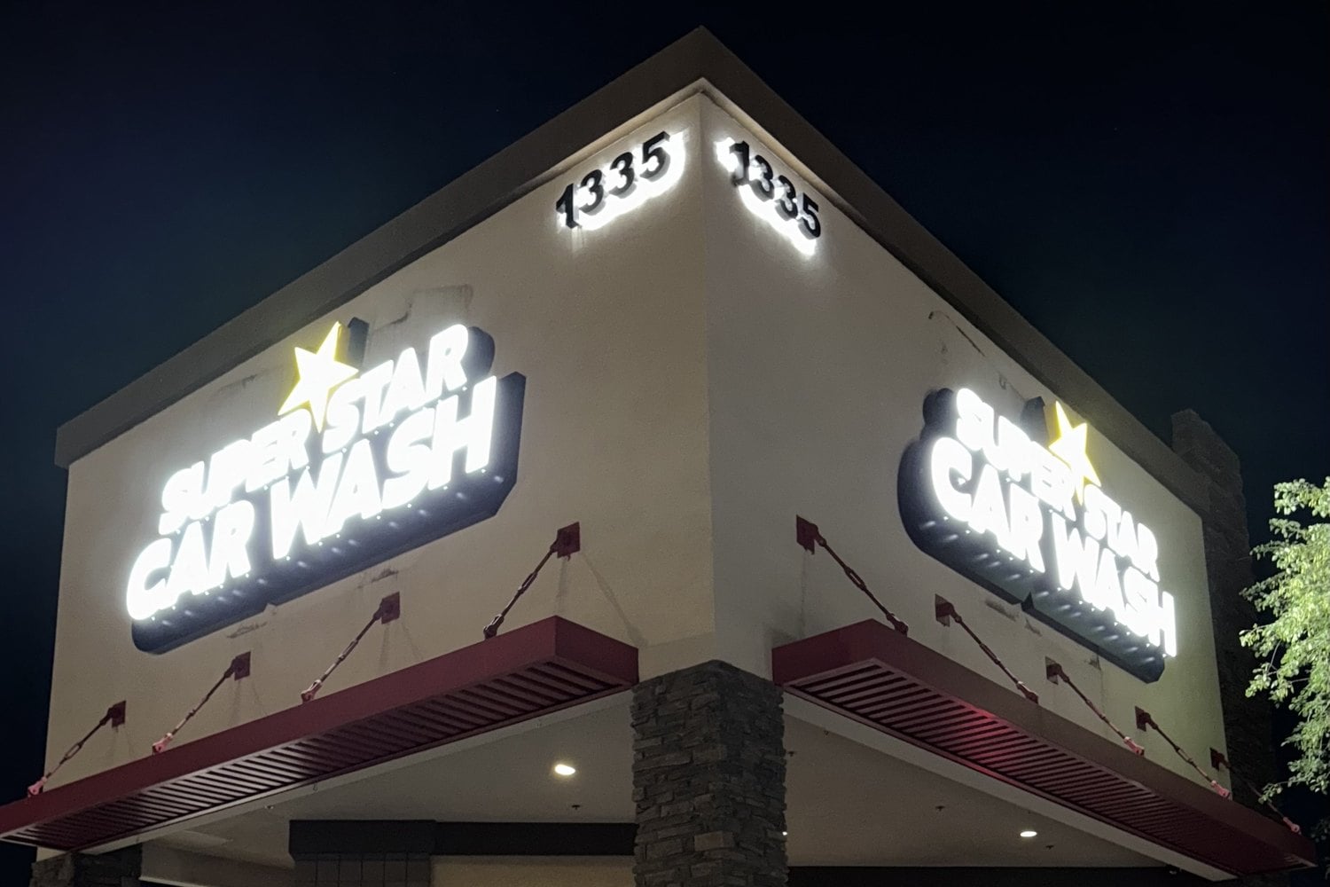 Super Star Car Wash lit channel letters at night, Warner Rd, Tempe, AZ